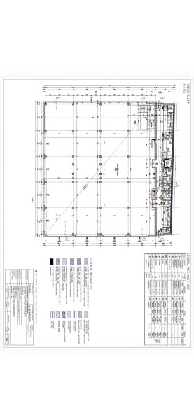 Architectural layout of commercial spaces with a material legend and technical specifications.