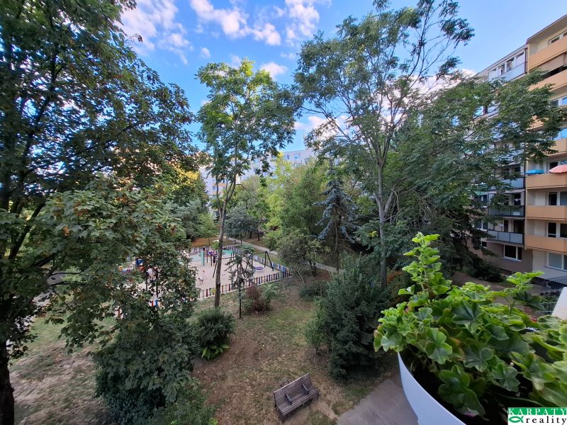View from the balcony of a 3-room apartment on Hospodárska Street in Trnava, with a playground and trees.