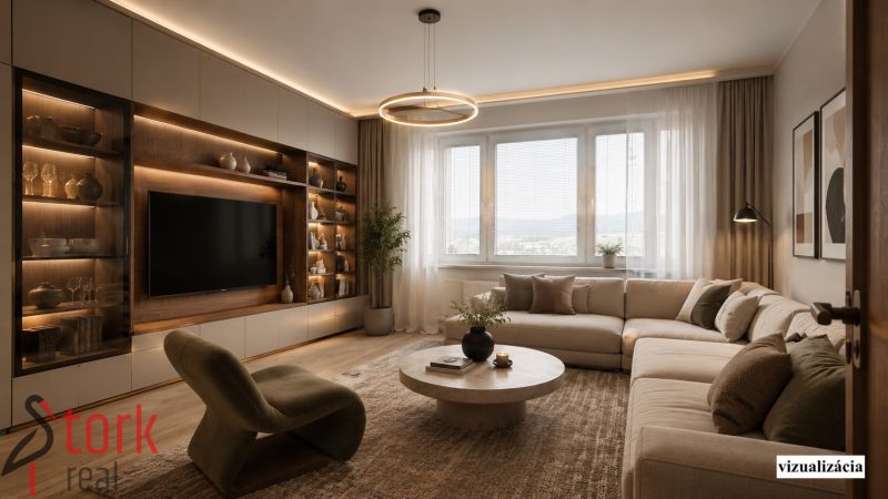 Living room in a 2-room apartment with a sofa, table, and floor with a wooden decor.