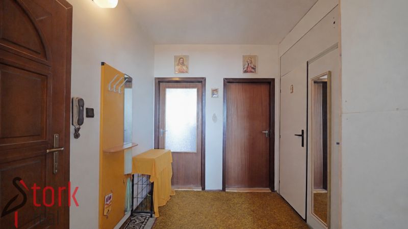 Entrance hall in a 2-room apartment with wooden doors and a mirror on the wall.
