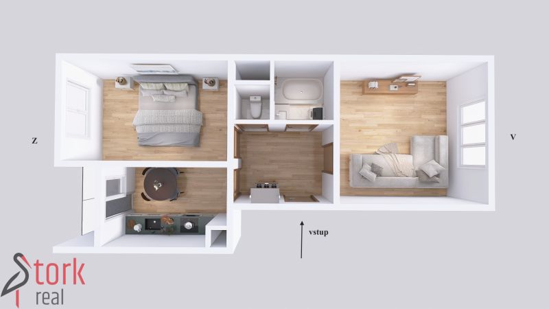 Floor plan of a 2-room apartment with wood-patterned flooring, spacious kitchen, and living area.