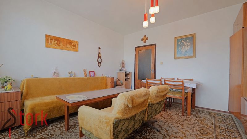 Retro living room in a 2-room apartment with carpet and wooden decor.