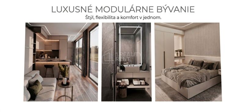 Interior of a family house: kitchen with wood-patterned flooring, bathroom, bedroom with a walk-in closet.