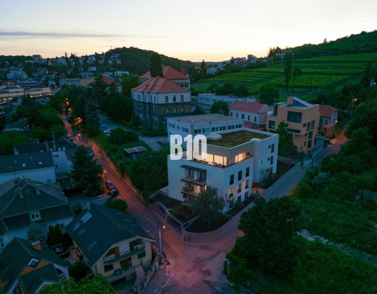Evening view of Pod Strážami in Bratislava III with vineyards and 3-bedroom apartments.