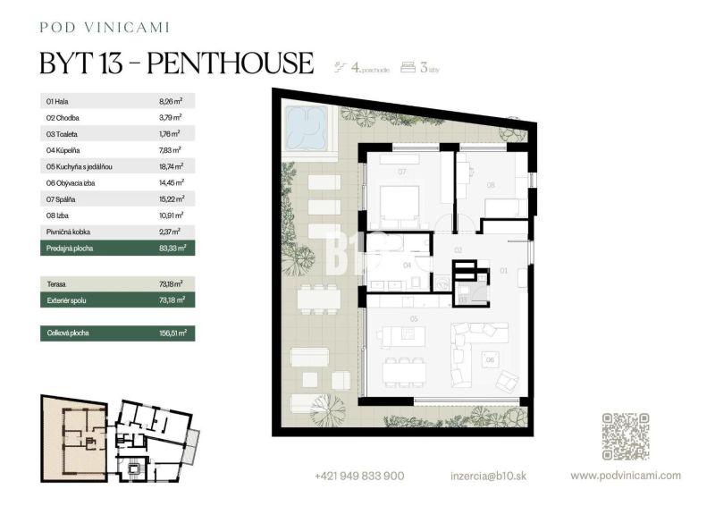 Floor plan of a 3-room apartment with a terrace in the Pod Vinicami project.