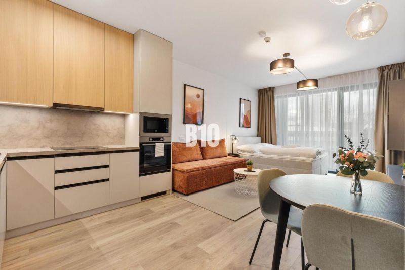 The kitchen and living area of a studio apartment with a wooden decor floor.