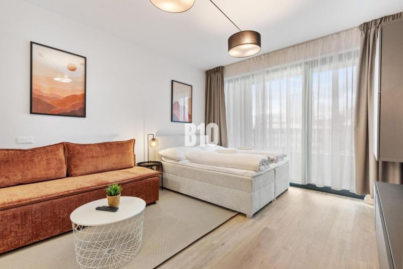 Living area of a studio apartment with a sofa, bed, and wood-patterned flooring.
