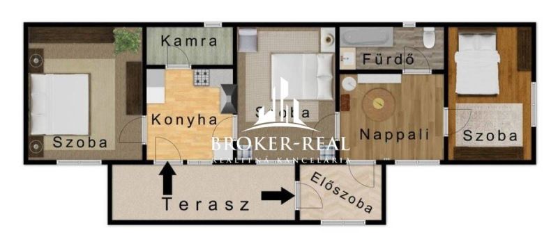 Floor plan of a family house with two bedrooms, a kitchen, and a terrace.