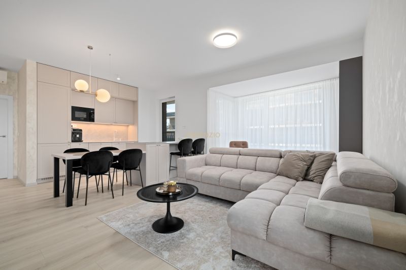 Living room in a 3-room apartment with a comfortable sofa and a kitchenette.