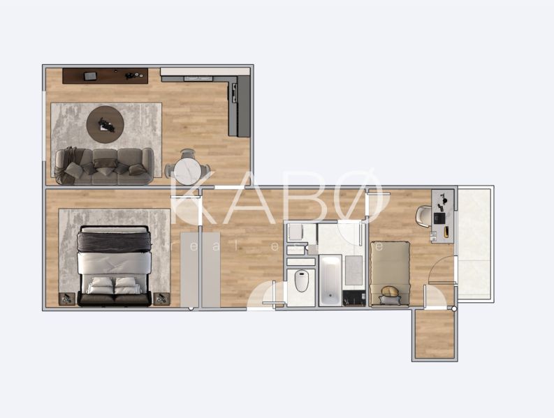 Floor plan of a 3-room apartment with a wooden decor floor, includes a kitchen and a bathroom.