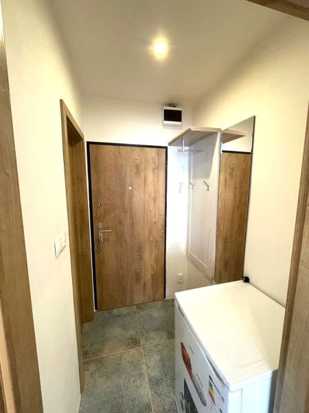 The studio apartment has an entrance hallway with wooden doors and a wardrobe.