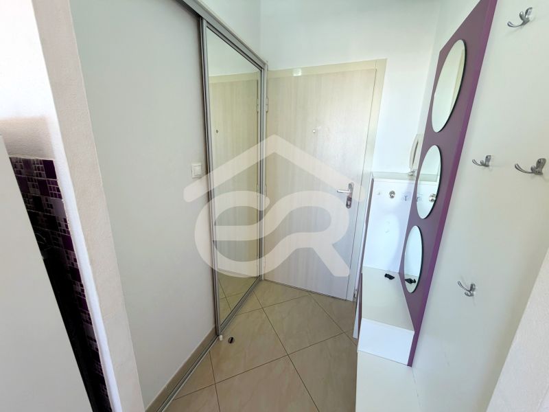 Entrance hallway in a one-room apartment with tiles and a mirrored wardrobe.