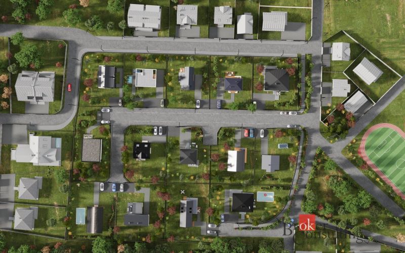 Aerial view of the layout of residential plots in Nitra with surrounding roads.