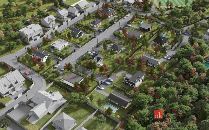 Plots - housing in Nitra show the layout of houses with gardens and green spaces.