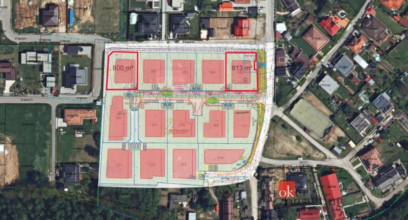 Map of residential plots in Nitra with marked parcels and areas for sale.
