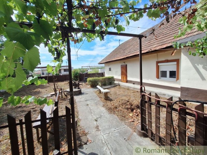 The yard at the family house in Kamenica nad Hronom with a pergola and a bench.