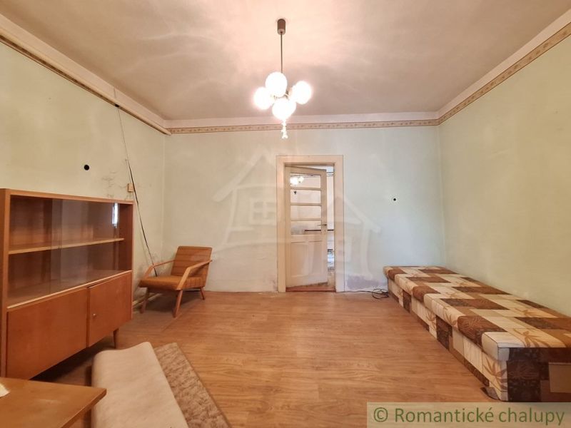 A living room in a family house with wooden decor and retro furniture.