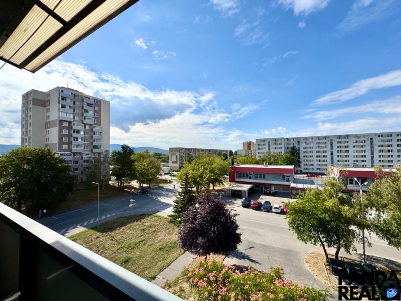 The view from a one-room apartment in Topoľčany overlooking the housing estate with greenery and a car.