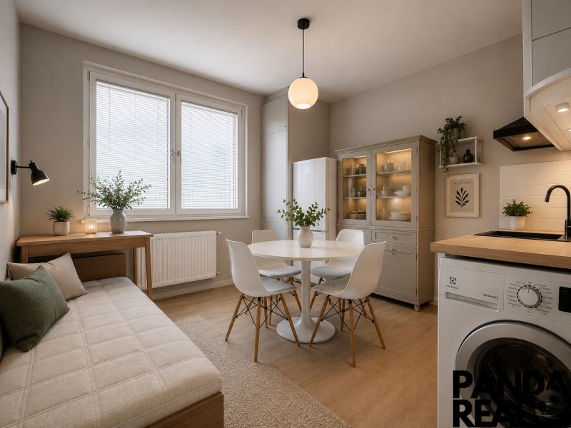 A kitchen in a studio apartment with a table, chairs, a couch, and a wooden decor floor.