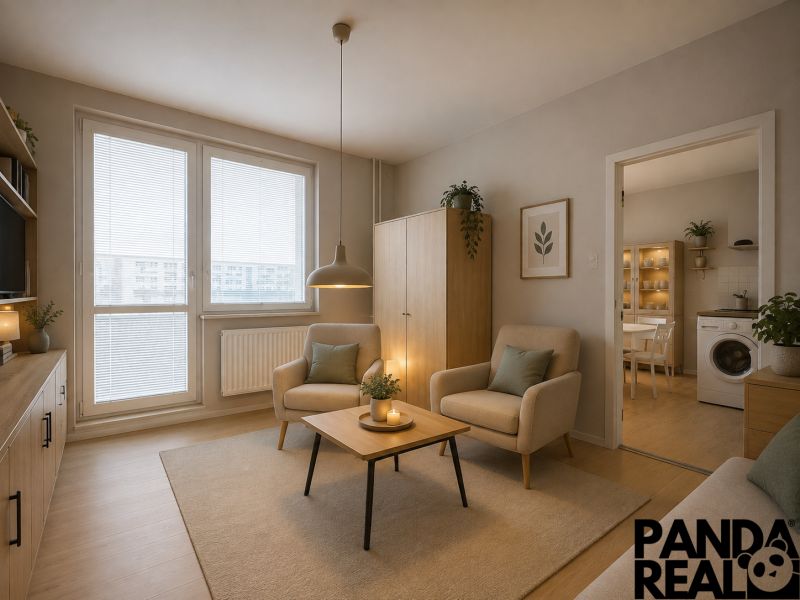 Living room with wood-patterned flooring, furniture, and plants in a studio apartment.