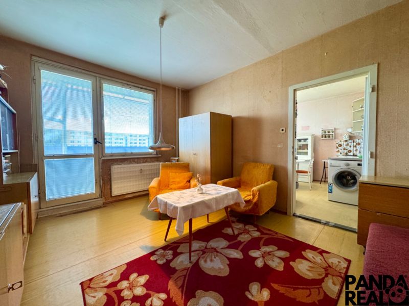 Interior of a 1-room apartment with carpet and furniture, dishwasher in the kitchen.