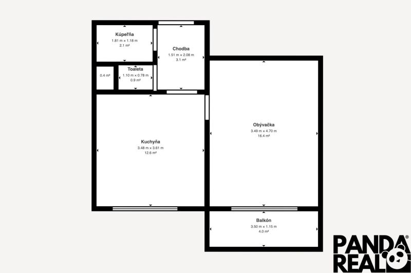 Layout of a 1-bedroom apartment with a living room, kitchen, bathroom, toilet, and balcony.