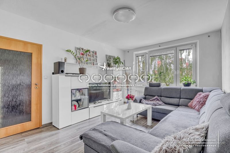 Living room in a 2-room apartment with a corner sofa and a wooden decor floor.