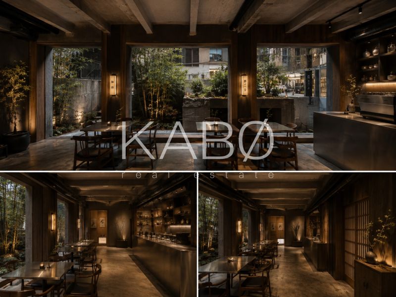 Interior of commercial spaces with wood-patterned flooring, dark lighting.