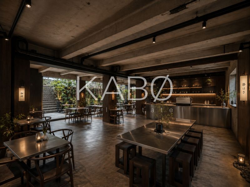 A space with metal tables and lighting, floor with wooden decor.