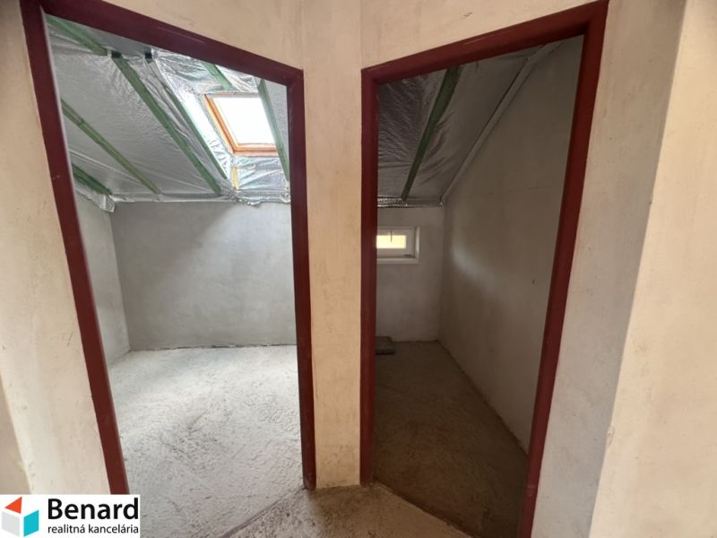 Attic spaces of a family house with double entry, a skylight, and unfinished walls.