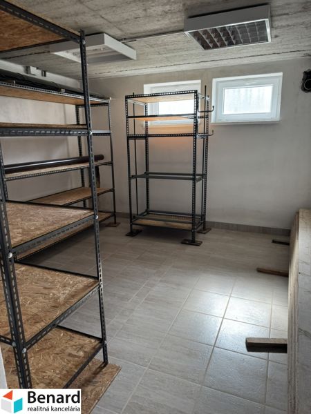 A warehouse with metal shelves and tiles in a family house.