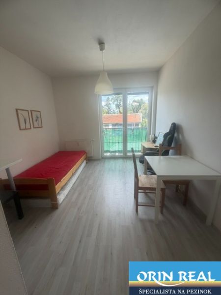 Studio apartment with furniture, wooden decor flooring, bright space, and balcony doors.