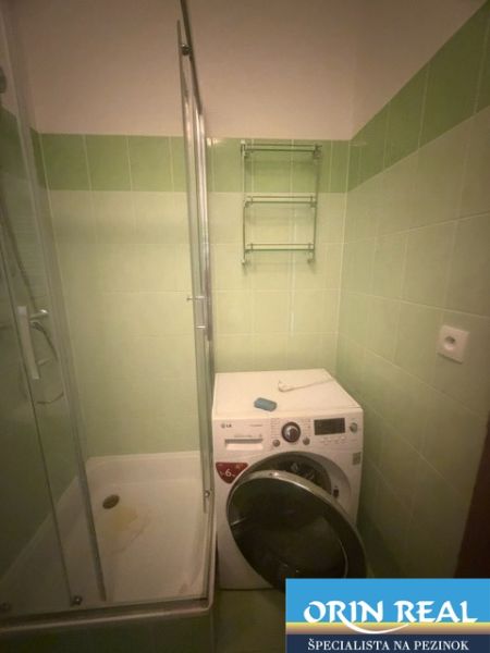 A bathroom in a studio apartment with a shower and a washing machine, green tiles.