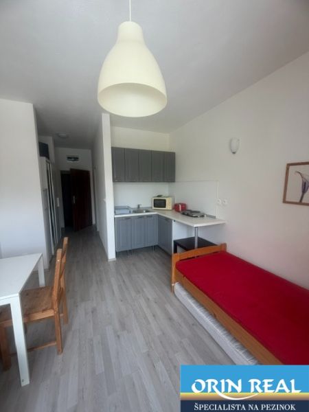 A studio apartment with a wooden floor and a kitchenette, includes a dining and sleeping area.