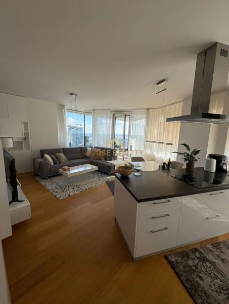 Living room with kitchen, wooden decor flooring, light curtains, 3-room apartment.