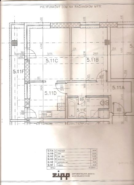 Floor plan of a 2-room apartment with a bathroom and a loggia in Bratislava at Račianske mýto.