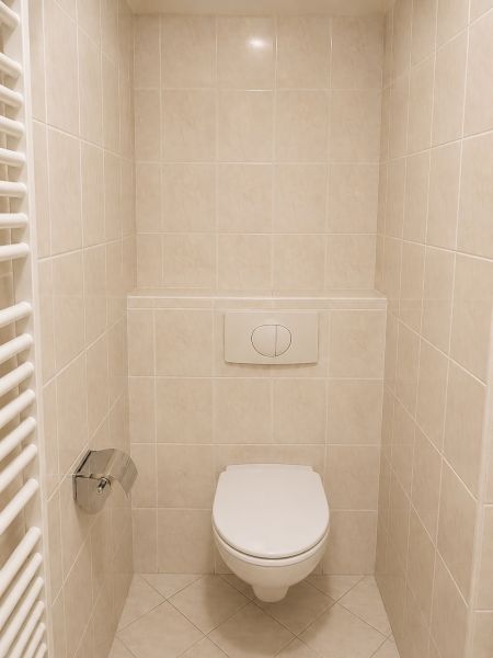 Bathroom toilet in a 2-room apartment with tiles and a wall-mounted flushing system.