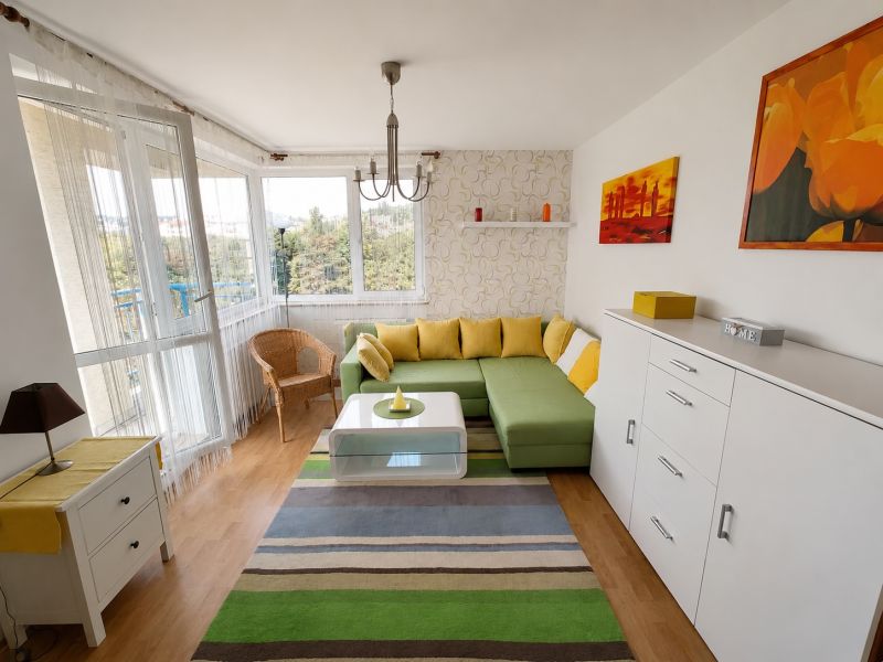 Living room with a corner sofa, wooden decor flooring, and a colorful carpet.