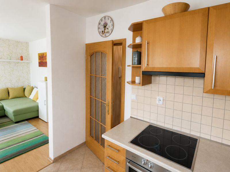 A kitchen with appliances and a living area with a colorful carpet in a 2-room apartment.