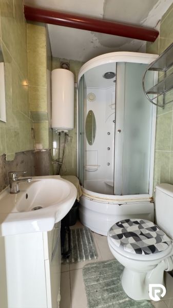 Bathroom with a sink, shower, and toilet in a family house.