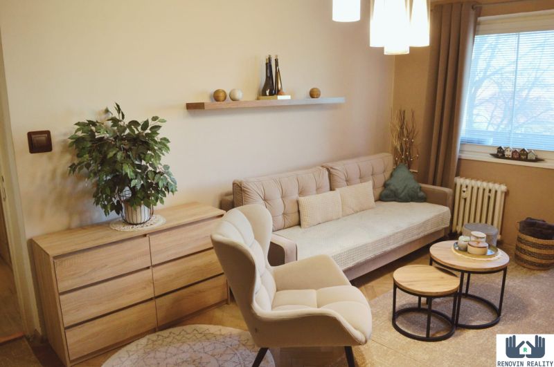 Living room of a three-room apartment with a sofa, an armchair, and a wooden decor floor.