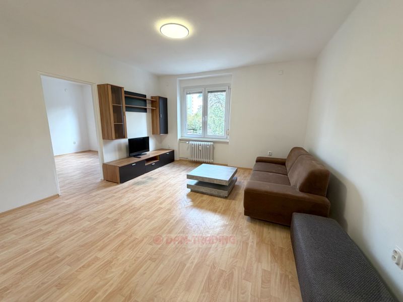 Living room in a two-room apartment with a wooden decor floor and a sofa.