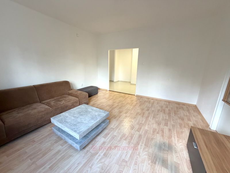 Living room in a two-room apartment with a sofa and a wooden decor floor.