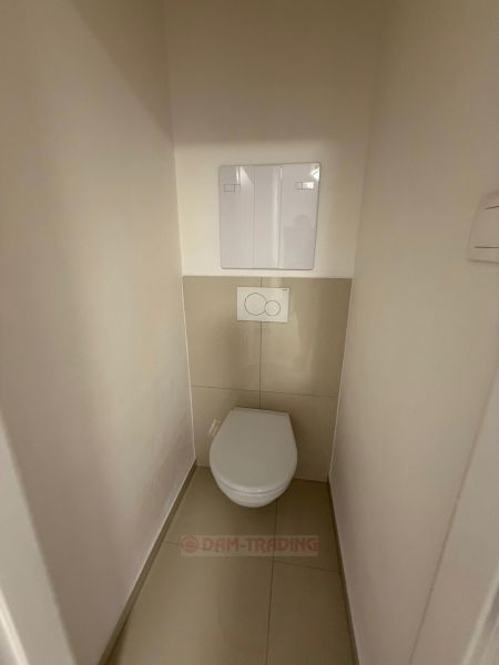 Bathroom with toilet in a 2-room apartment, light walls, ceramic tiles.