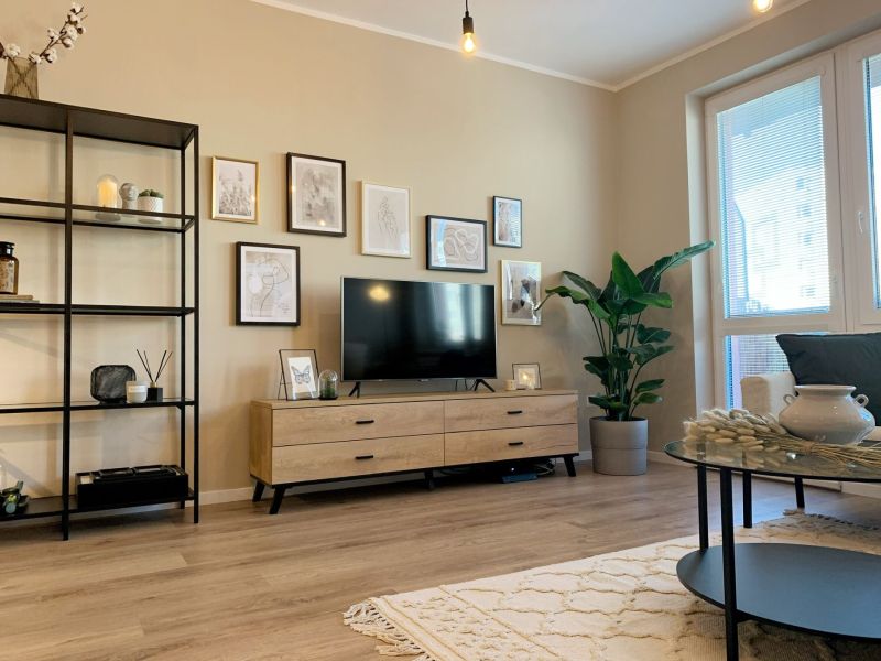Living room with wood-patterned flooring, television, and decorations in a two-room apartment.