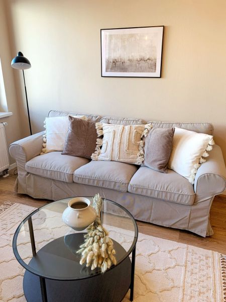 A bright living room in a 2-room apartment with a sofa, a table, and decorative pillows.