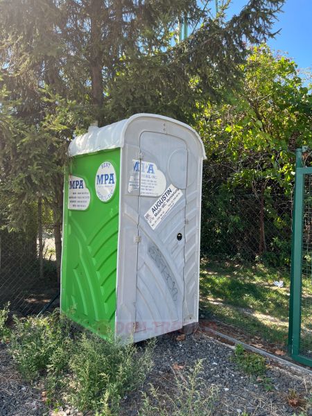 Portable toilet in the gardens on Galvaniho Street in Bratislava - Ružinov.