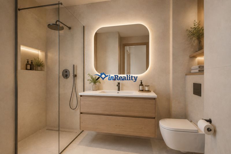 Bathroom in a 2-room apartment with a large mirror and a glass shower enclosure.
