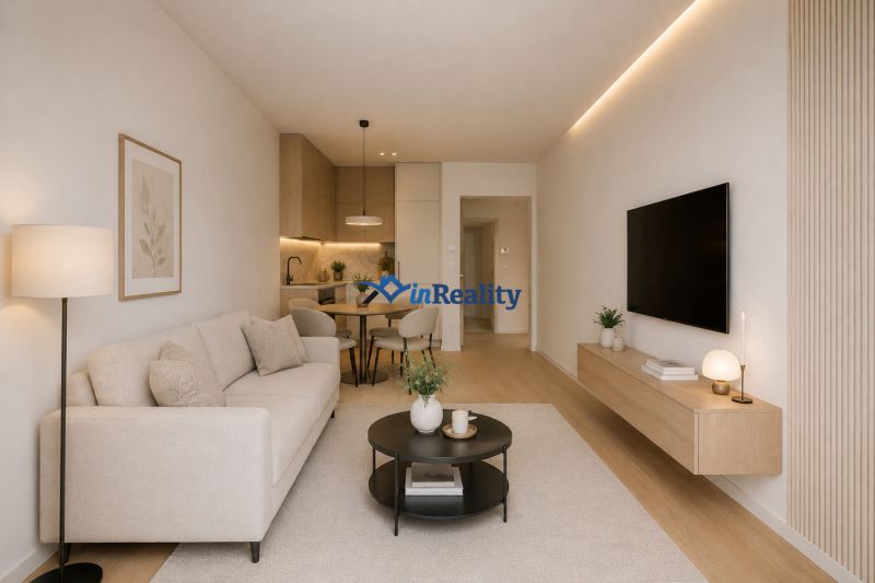 A bright living space in a two-room apartment with a wooden decor floor and modern furnishings.