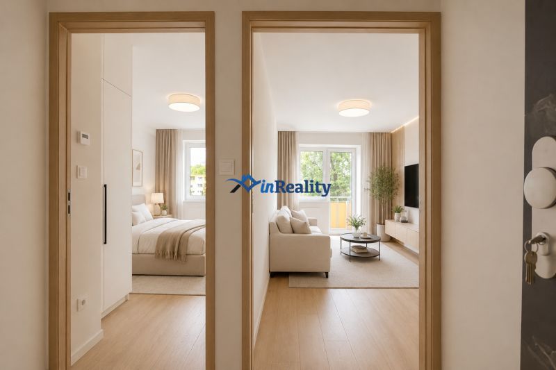 Interior of a 2-room apartment with a wooden decor floor and light furnishings.